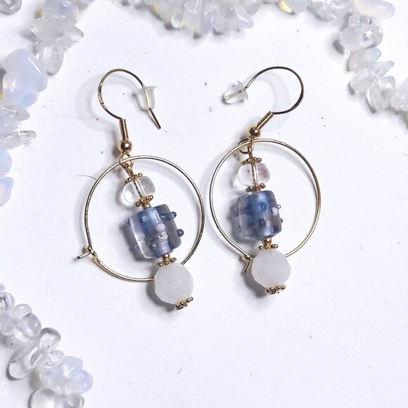 boho earrings 527#mfs Blue swirl glass earrings glass milky white dangle earring - Picture 2 of 5